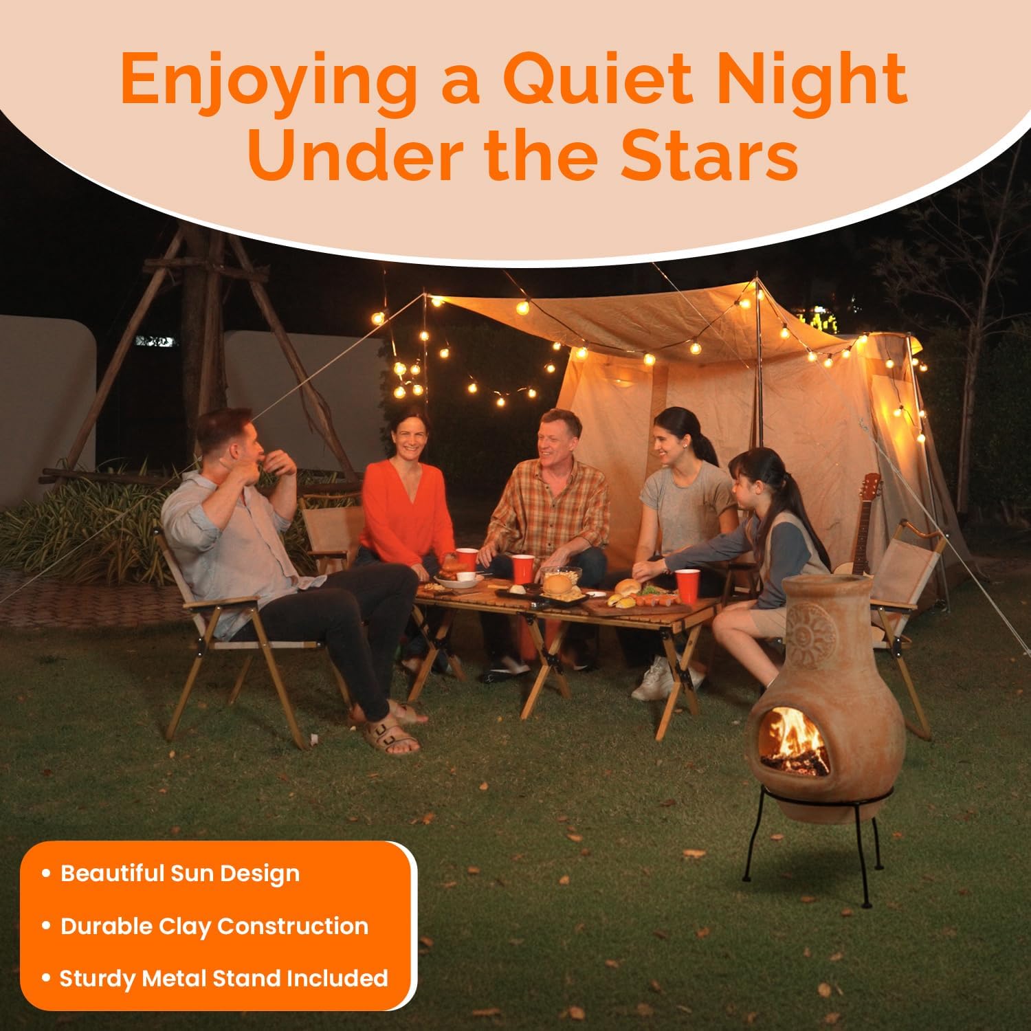 Vintiquewise Beige Outdoor Clay chiminea Outdoor Fireplace Sun Design Charcoal Burning Fire Pit with Sturdy Metal Stand, Barbecue, Cocktail Party, Family Gathering, Cozy Nights Fire Pit