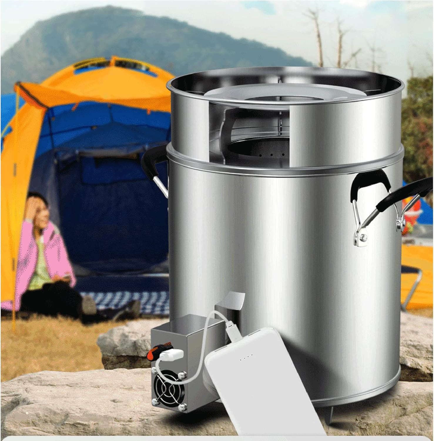 12'' Portable Smokeless Fire Pit With Stand And Wind Shield, Stainless Steel Bonfire Stove Outdoor Wood Burning Firepit For Camping And Cooking With With Portable Electric Blower, Windproof version