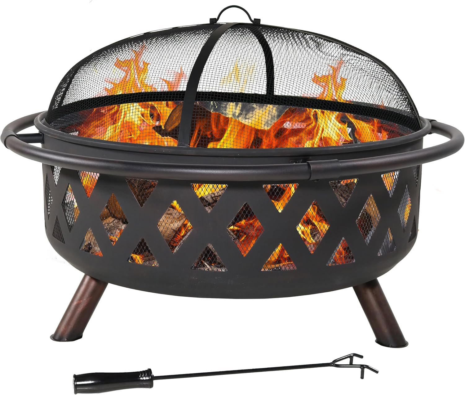 Sunnydaze Crossweave Outdoor Fire Pit - Wood-Burning Fire Pit for Outside with Spark Screen, Poker and Round Cover - 36-Inch - Black
