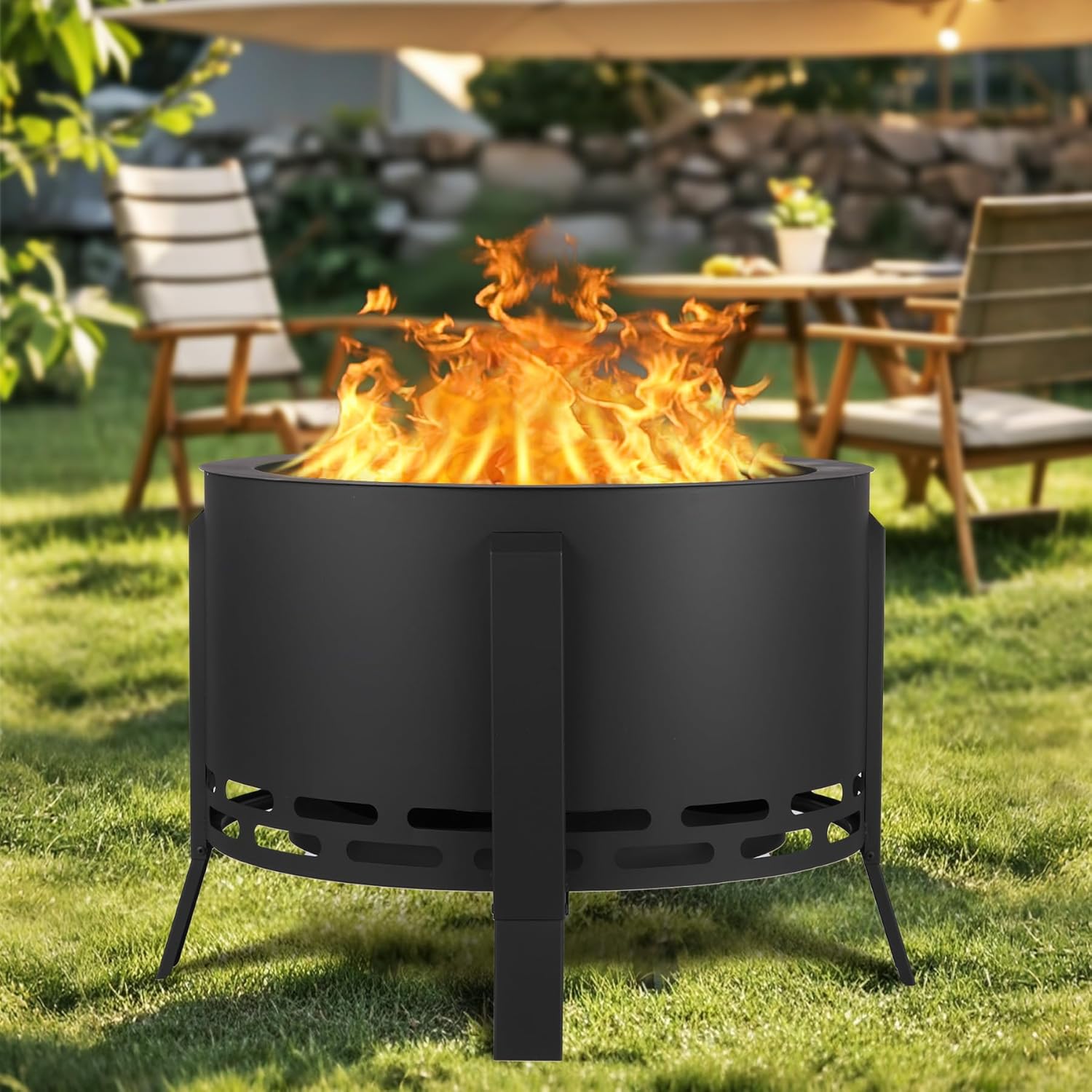 GarveeLife 26 in Smokeless Fire Pit with Ash Tray Base,Smokeless Outdoor Firepits with Adjustable Foot&Fire Poker,Firepit with Dust Bag,Outdoor Fire Pits for BBQ,Bonfire,Camping