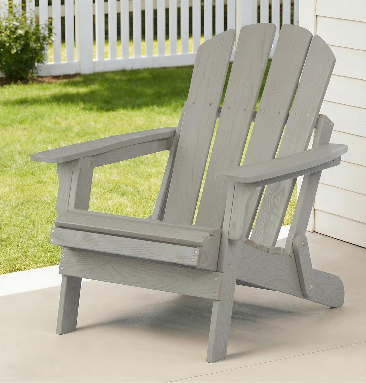 Folding Adirondack Chair, Solid Wood All-Weather Fire Pit Chairs with Pre-Assembled Backrest & Seat Board for Deck Backyard Patio Outdoor, Gray