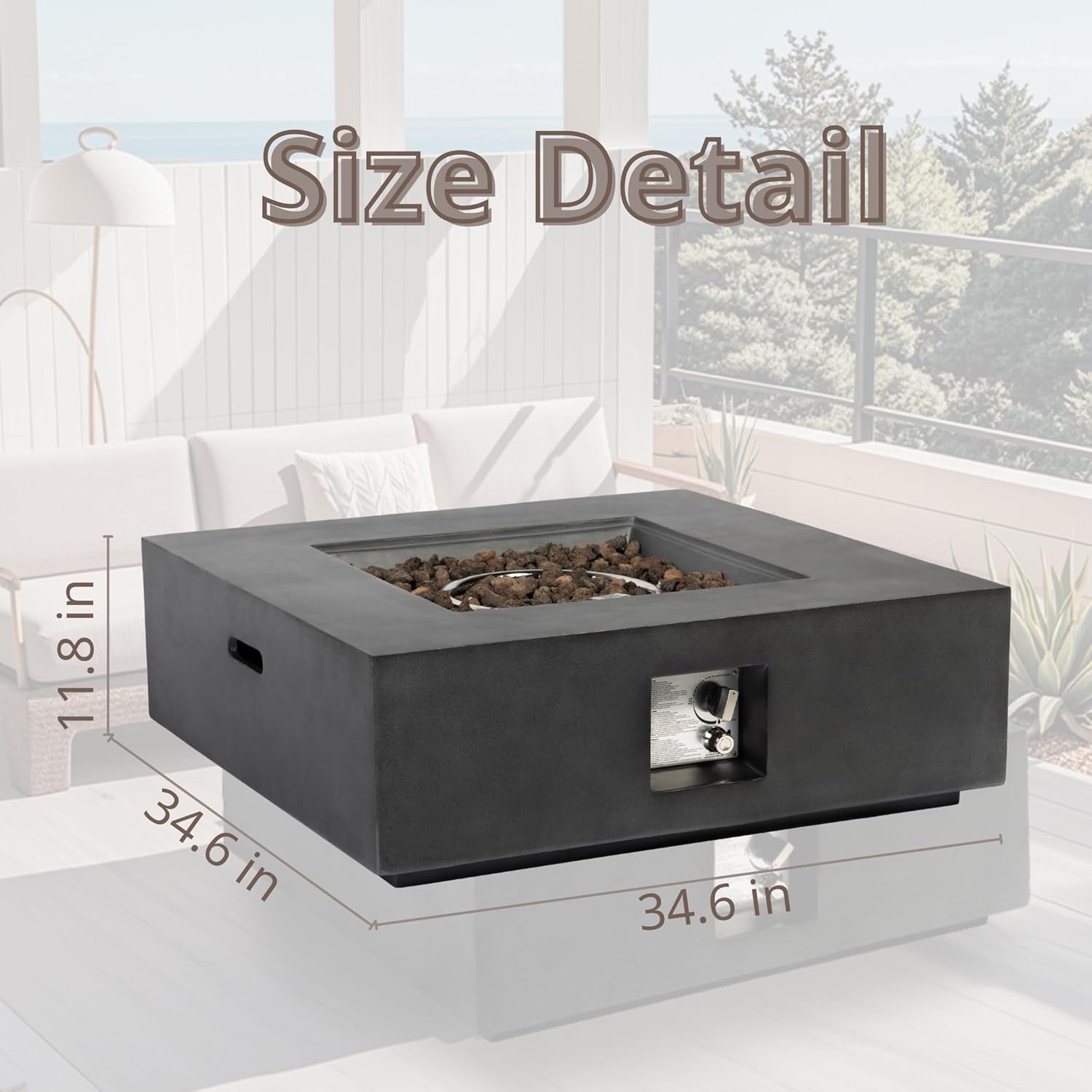 Outdoor Propane Fire Pit Table,Square Stone 35 inch Planter Base, 50,000 BTU Stainless Steel Burner, Free Lava Rocks and Waterproof Cover