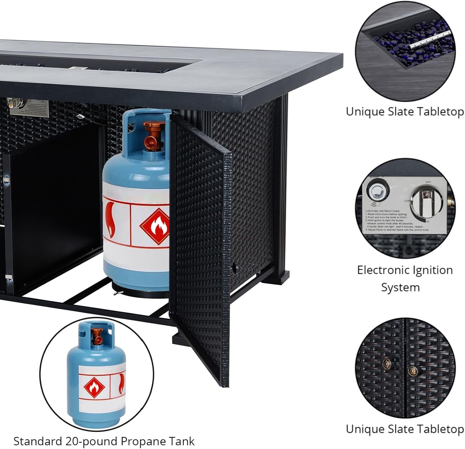 52 Inch Outdoor Gas Fire Table, 50,000 Btu Propane Rattan Fire Pit with Cover, Large Rectangular Fireplace with Rain Cover for Balcony Backyard Garden