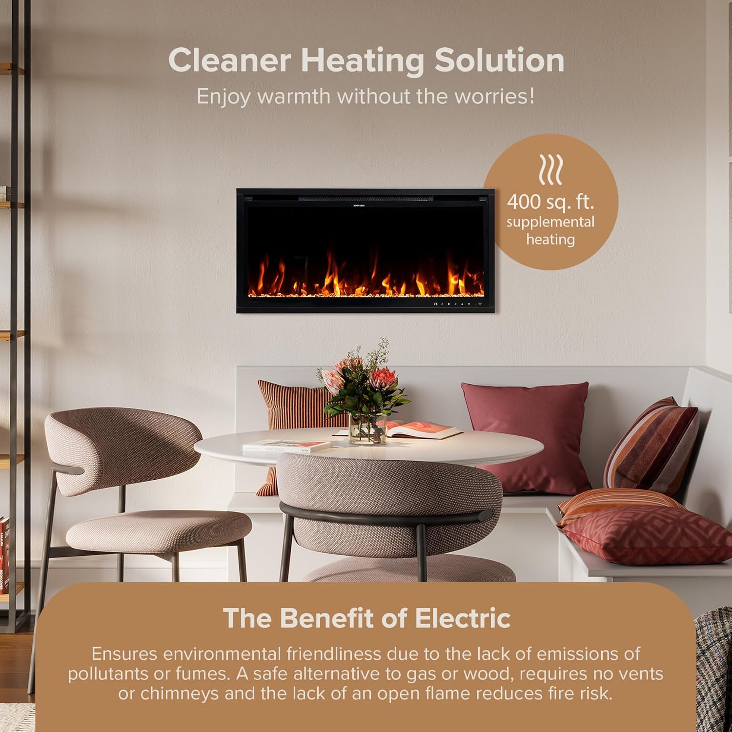 Modern Ember Aerus Slim 36 Inch Smart Linear Electric Fireplace | Recessed in-Wall or Wall-Mount | LED Multiple Flame Colors | Alexa/WiFi Enabled | 4.25” Profile | Remote Included