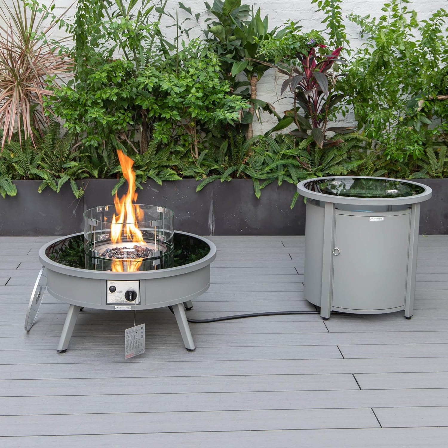 LeisureMod Walbrooke Modern Aluminum 5-Piece Patio Conversation Set with Outdoor Round Firepit Side Table Tank Holder, Light Grey