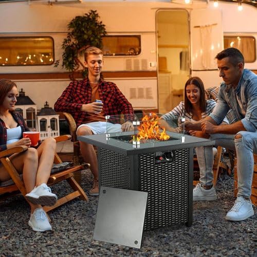 28'' Propane Fire Pit Table, Rattan & Wicker-Look, 50000 BTU Gas Firepits Tempered Glass Tabletop for Outside Patio and Garden,Yard(Brown)