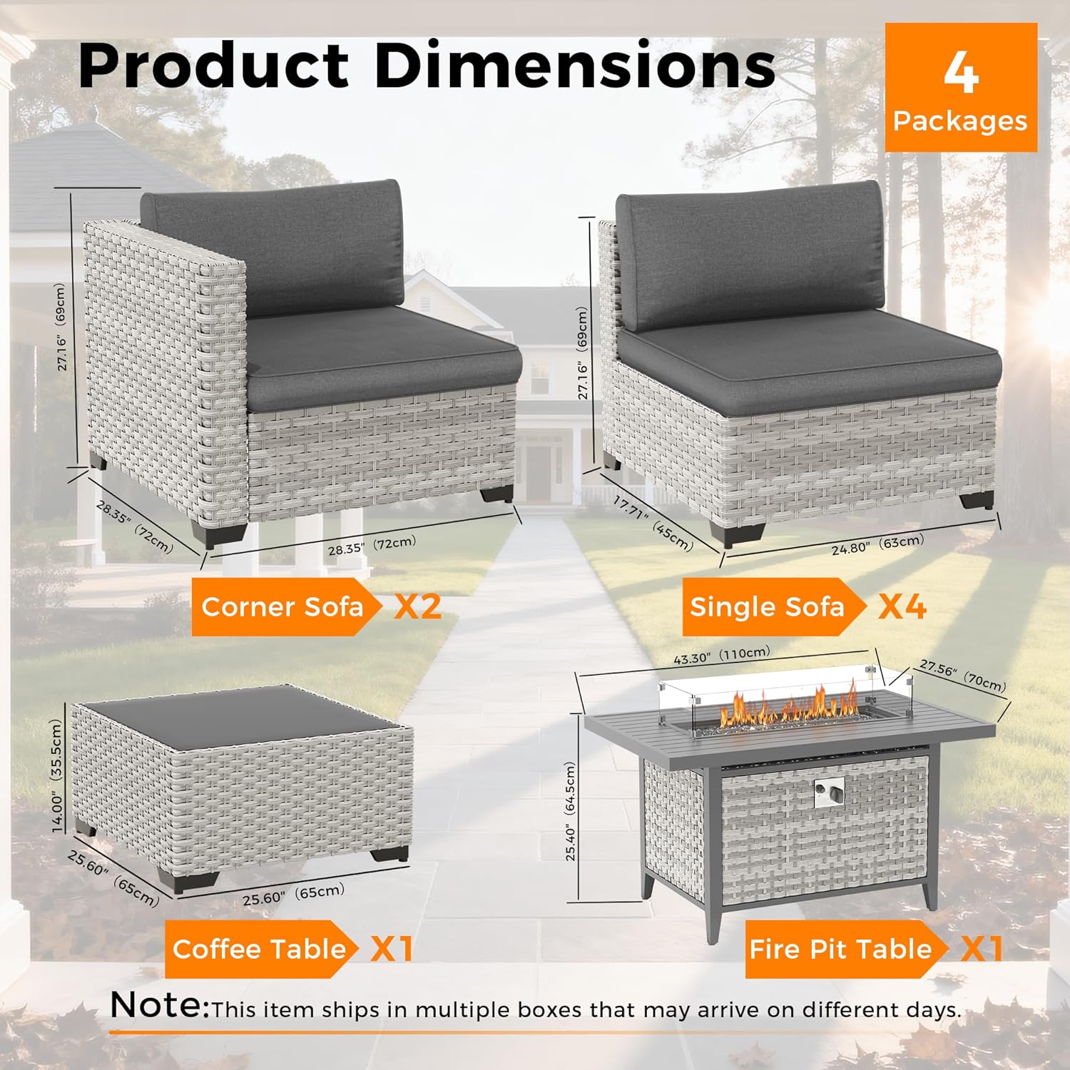 6-Seat Modern Outdoor Wicker Rattan Patio Furniture Set with 55,000 BTU Fire Pit Table, Thick 4″ Cushions, All-Weather Dual-Strand Rattan, Rust-Resistant Steel Frame,Black