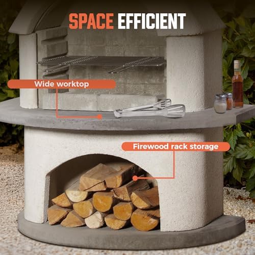 Concrete Outdoor Fireplace with Grill, Wood Burning Fireplace with Wood Storage and Chimney, Include Grill Rack & Charcoal Pan, 79.9”H