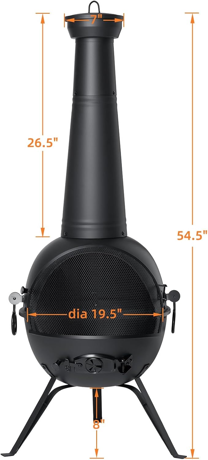 SINGLYFIRE Chiminea Fireplace Outdoor Prairie Fire Deck or Patio Backyard Wooden Fire Pit with Chiminea Cover Rust-Free Iron Black