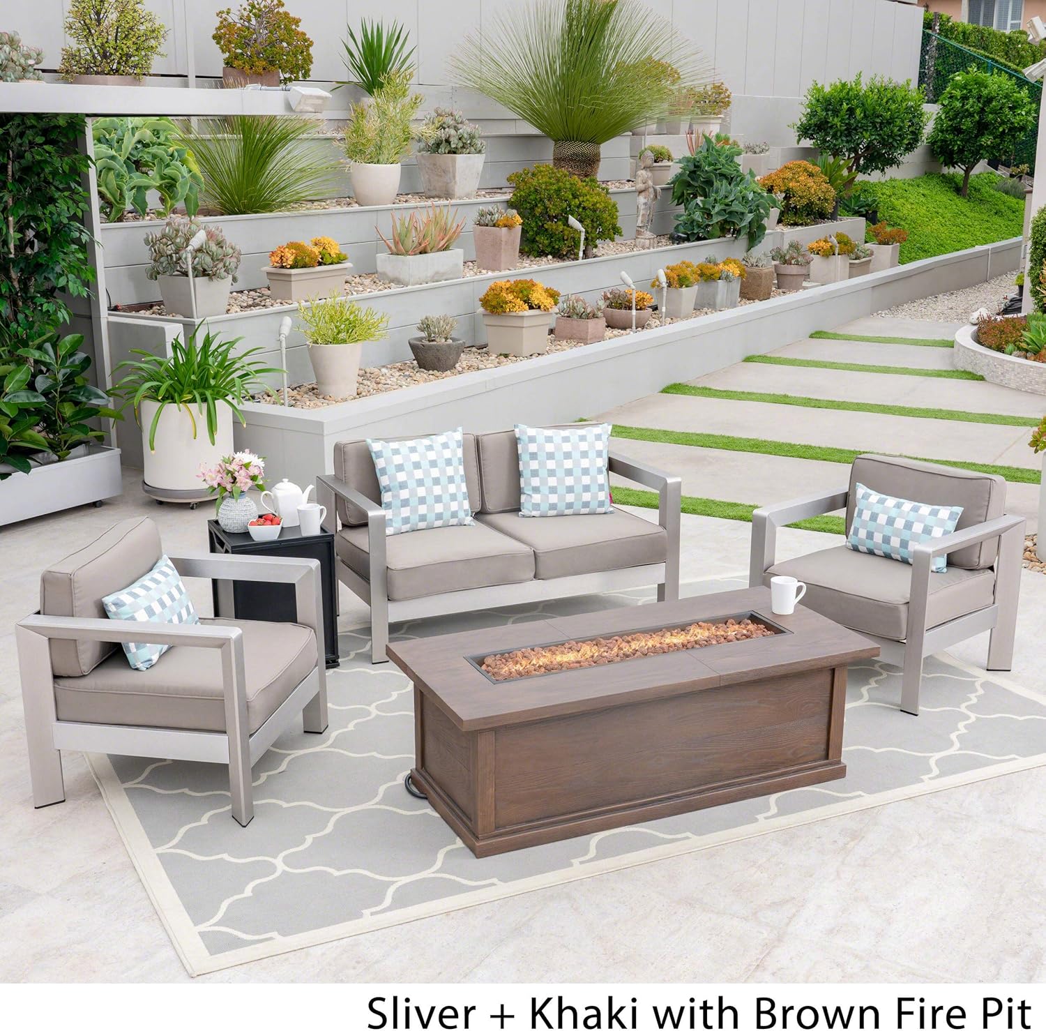 Great Deal Furniture Outdoor 4-Seater Aluminum Chat Set with Fire Pit and Tank Holder, Silver with Khaki and Brown with Wood Pattern