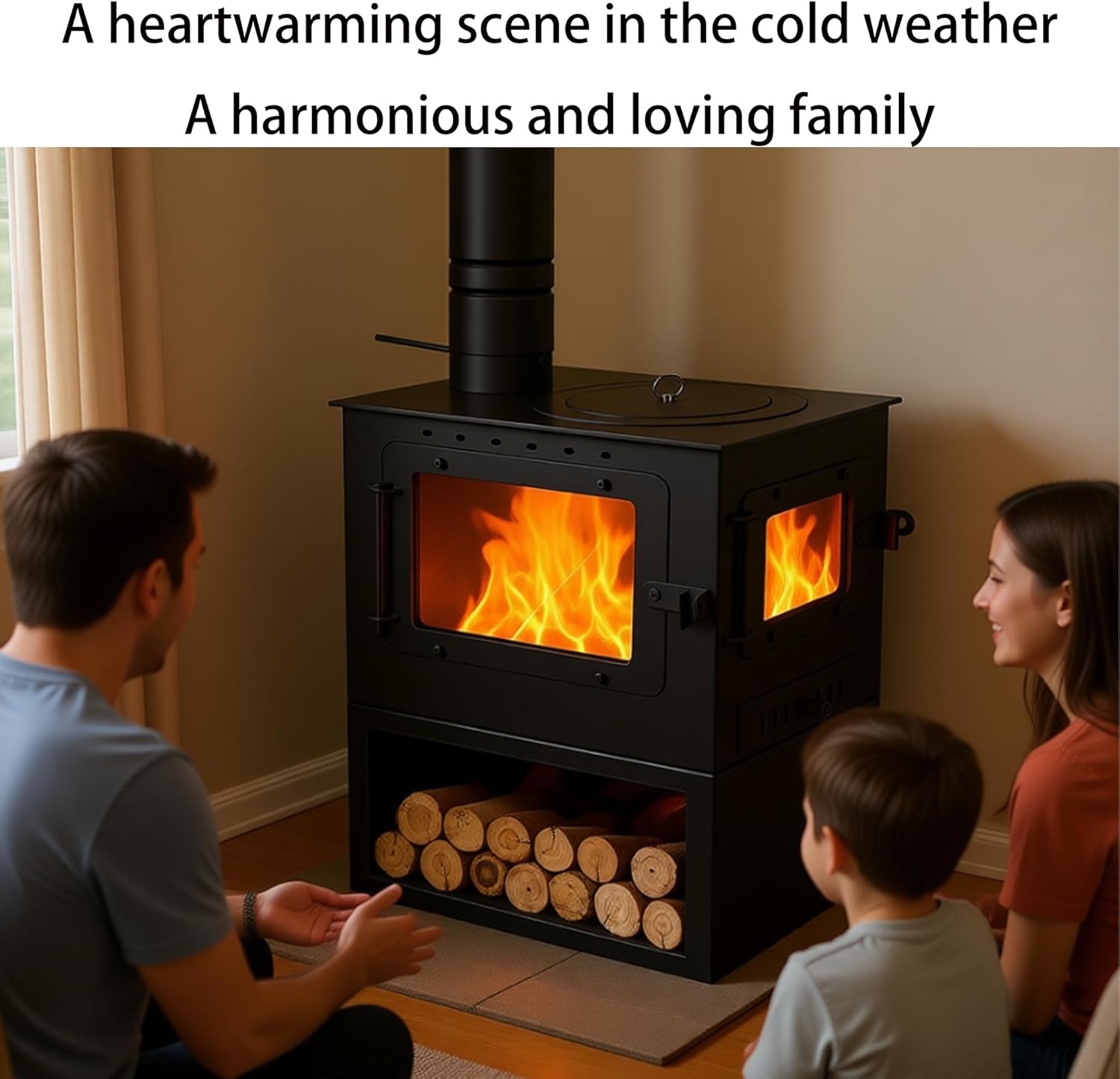 Wood Burning Stove with Legs, Black Steel, Includes Firewood Storage Rack and Fireplace Poker, Multi-View Glass Door,Heating coverage for 200–750 square feet