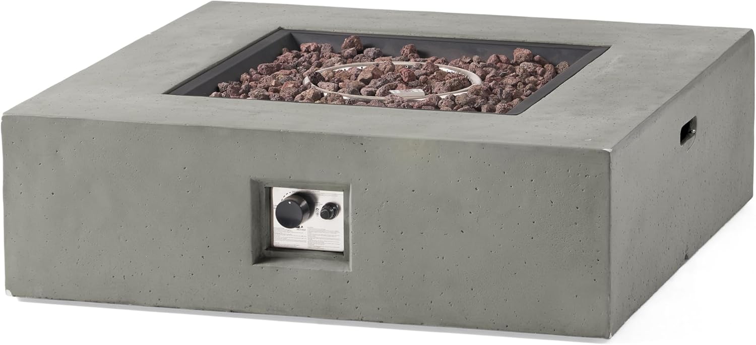 Merax 40-inch Modern Square MGO Propane Fire Pit Table, 50,000 BTU Outdoor Patio Heater with Exterior Tank Hookup, Concrete Firepit, Light Grey