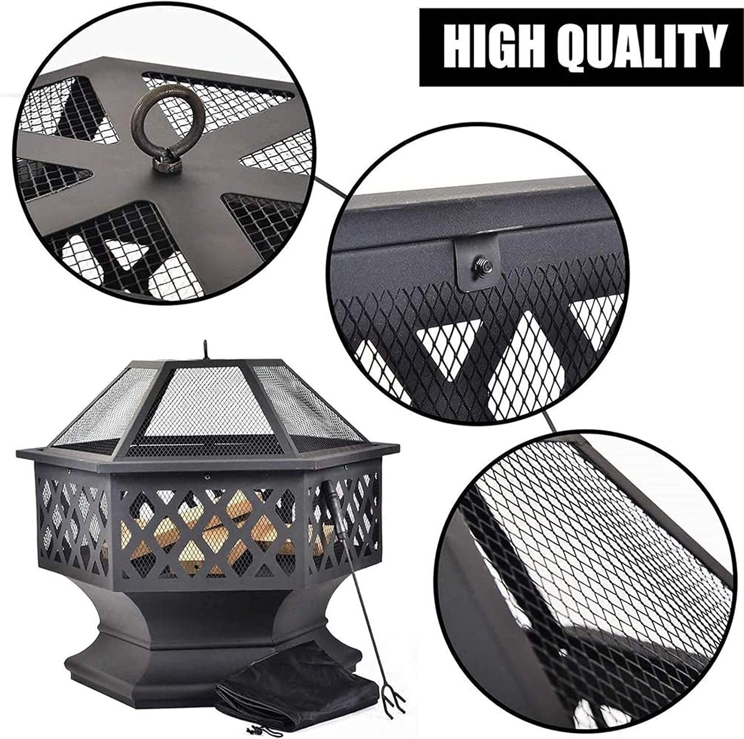 Fire Pit Metal Outdoor Wood Burning Firebowl Fireplace with Spark Screen Retardant Mesh Lid and Poker for Outside Backyard Deck