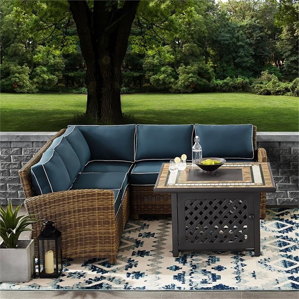 4-Piece Wicker/Rattan Fire Pit Sectional Set in Navy/Brown