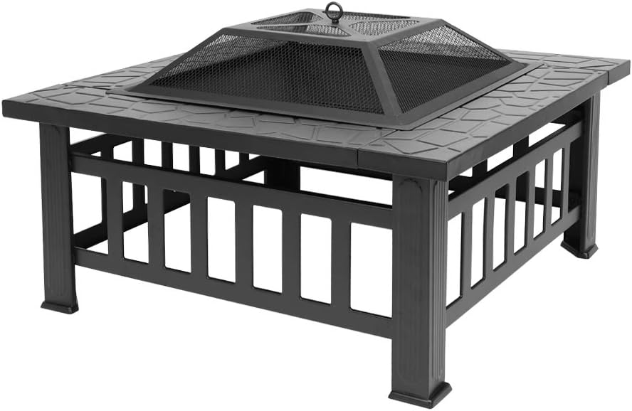 Courtyard Metal Fire Bowl, Outdoor Patio Steel BBQ Grill Fire Pit Bowl w/Spark Screen Cover with Accessories Black, Log Grate, Poker for Backyard, Camping