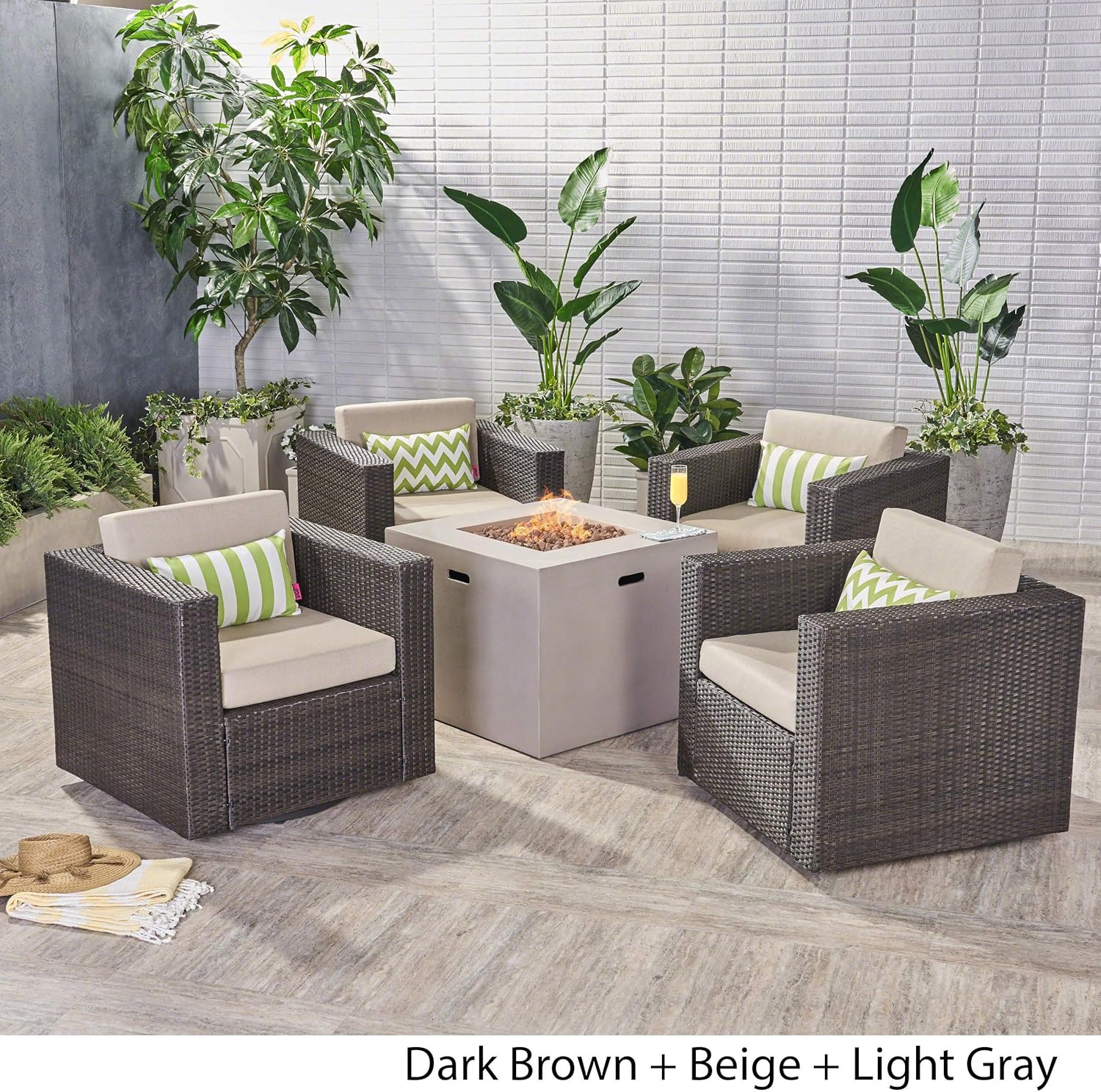 GDFStudio Outdoor 4 Piece Club Chair Set with Square Fire Pit, Dark Brown & Light Gray