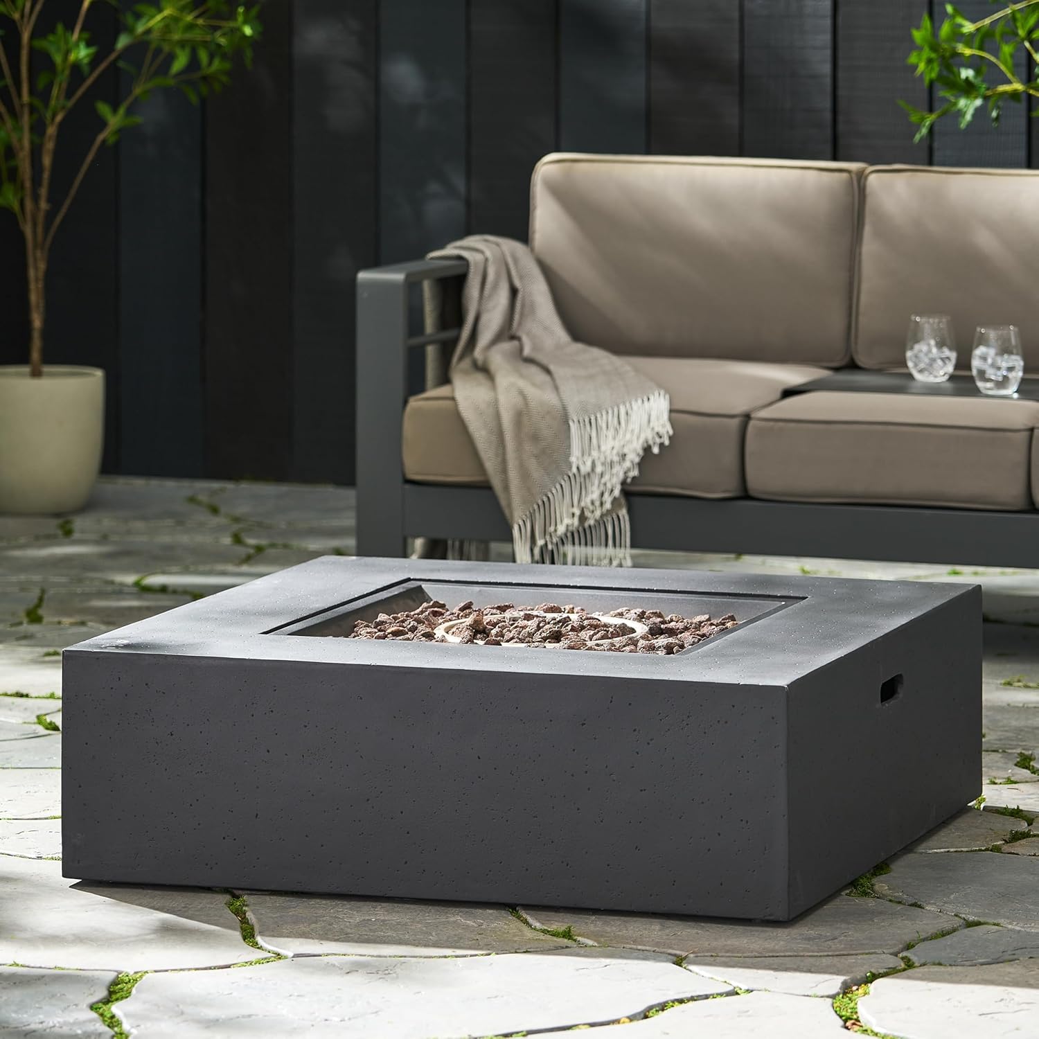 50,000 Btu Square Fire Table Tank Dark Grey Outdoor Propane Fire Pit for Patio, Deck, Living Room Modern Design with Durable Steel Construction (1 Doors)