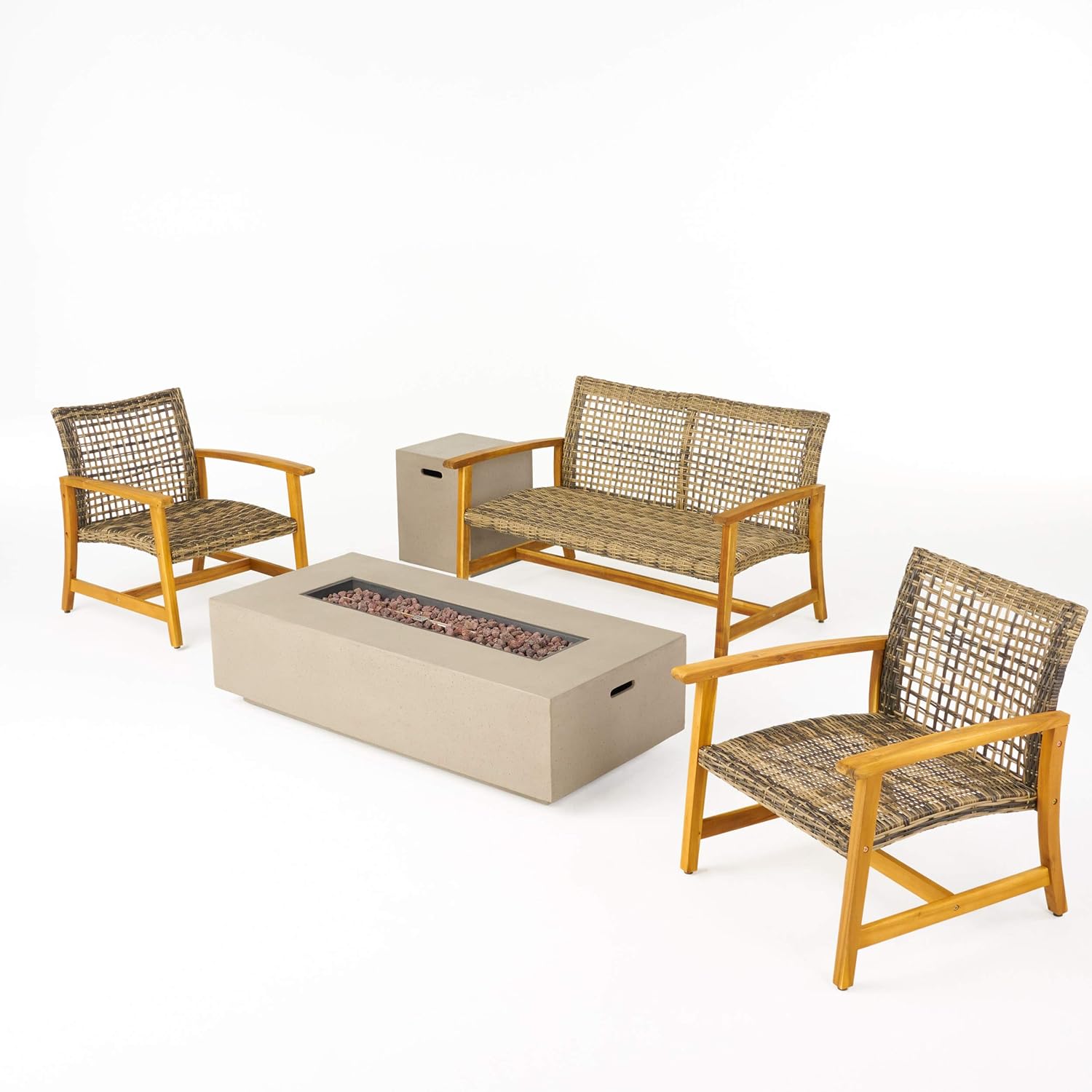 Great Deal Furniture GDFStudio Outdoor 5 Piece Wood and Wicker Chat Set with Fire Pit, Gray and Light Gray