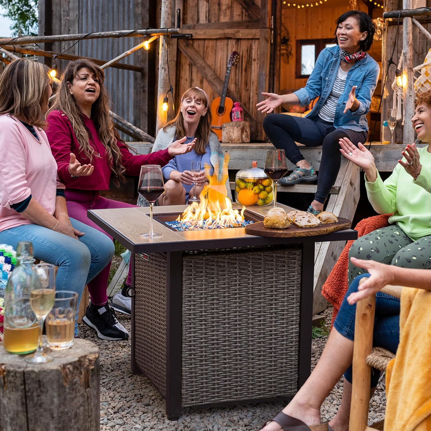 30 Inch Propane Fire Pit Table, 50,000 BTU Electronic-Ignition Rattan Patio Gas Fire Pit with Lid & Blue Glass Bead, Outdoor Fireplace for Dining or Party, Black