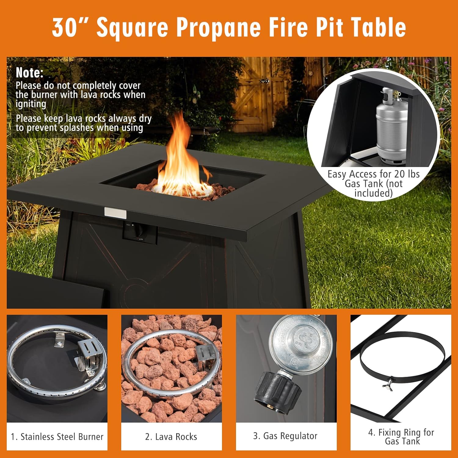 Tangkula 30 Inch Propane Gas Fire Table, Patiojoy 50,000 BTU Outdoor Square Fire Pit Table with Stainless Steel Burner, Solid Steel Frame, PVC Cover & Lava Rocks Included (Black)