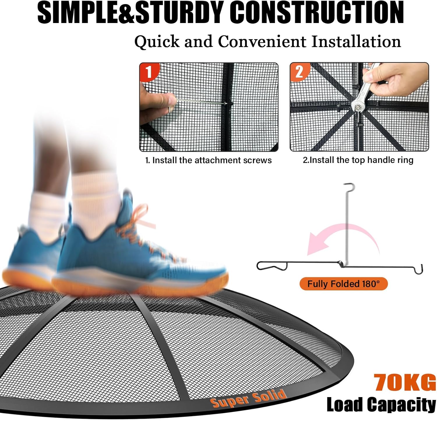 Fire Pit Spark Screen, 40Inch Fire Pit Lid Outdoor with Handle & Poker, Heavy-Duty Mesh Firepit Cove with 12 Reinforced Bars for Backyard/Beach/RV Camping