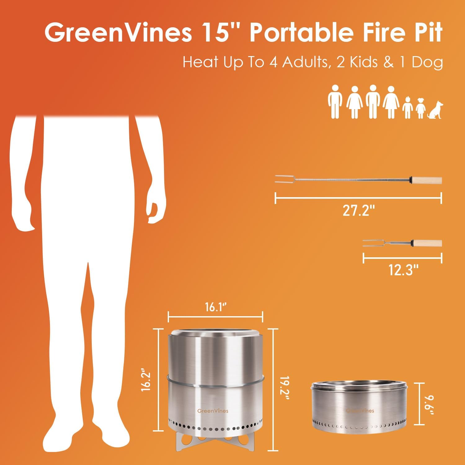 GREENVINES Smokeless-Fire-Pit | 15-Inch | 304 Stainless-Steel-Firepit | Portable Outdoor Pits with Stand for Camping | Bag & Sticks & Holders | Solo Wood Burning Bonfire | Low Smoke Stove