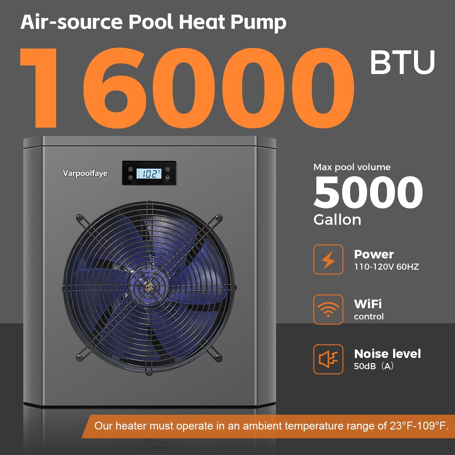 Swimming Pool Heater Pump 16000 BTU Above Ground Pool Heater 5000 Gallon WiFi Control Schedule Heating and Cooling 120V Pool Heater