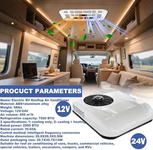 12V/24V DC Rooftop Air Conditioner for Campervans & Buses, Powerful 450m³/H Airflow, Cooling & Heating System, Ideal for Vehicles, Energy-Efficient Climate Control