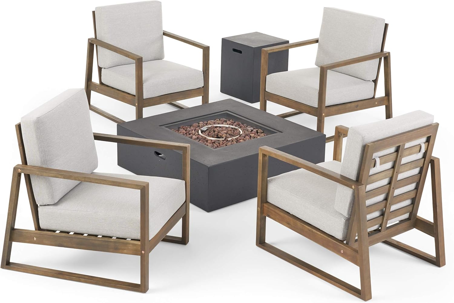 Great Deal Furniture Outdoor 4 Seater Chat Set with Fire Pit, Gray Finish, Light Gray, and Dark Gray