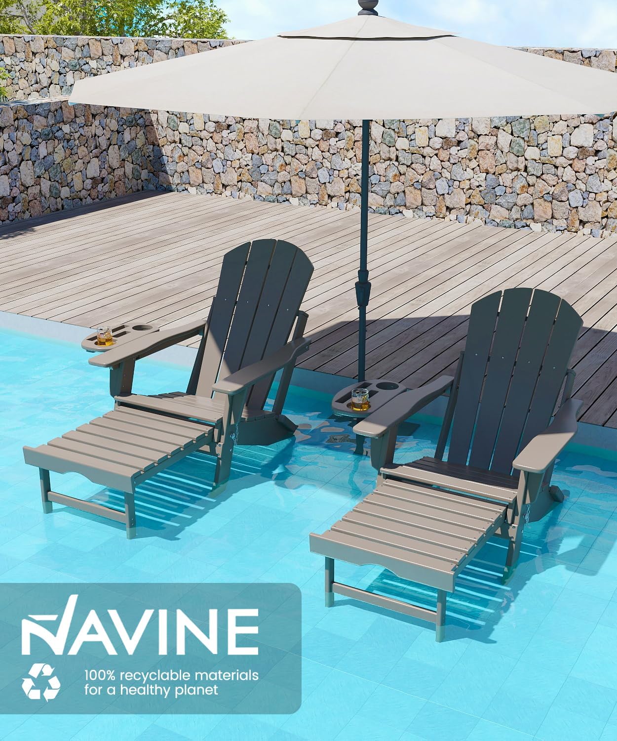 Adjustable Adirondack Chair with Retractable Ottoman Set of 2, HDPE Folding Adirondack Chair with Cup Holder, All Weather Fire Pit Chair for Outdoor.