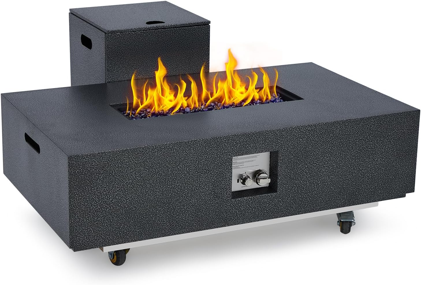 48 inch Propane Fire Pit Table, 50,000 BTU Outdoor Patio Heater with 16 in Side Table, Blue Fire Glass, Wind Guard & Rain Cover, Steel Firepit for Deck, Garden, Backyard, Brown