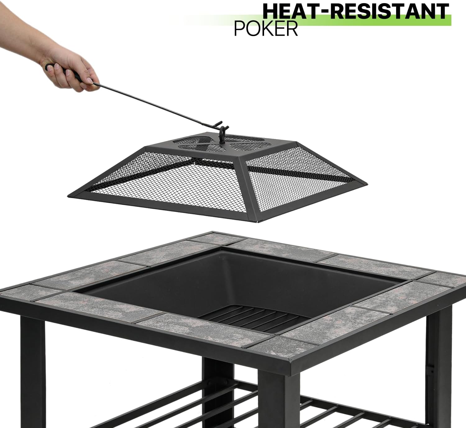 Magshion Outdoor Fire Pit Table, 30 Inch Square Firepit Table for Outside Patio with Wood Storage and Spark Screen, Square Metal Fire Pit Tables for Outside Heating, Bonfire and Picnic