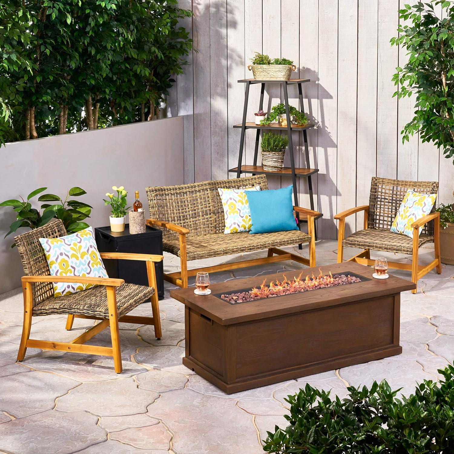 Great Deal Furniture GDFStudio Outdoor 5 Piece Wood and Wicker Chat Set with Fire Pit, Gray and Brown