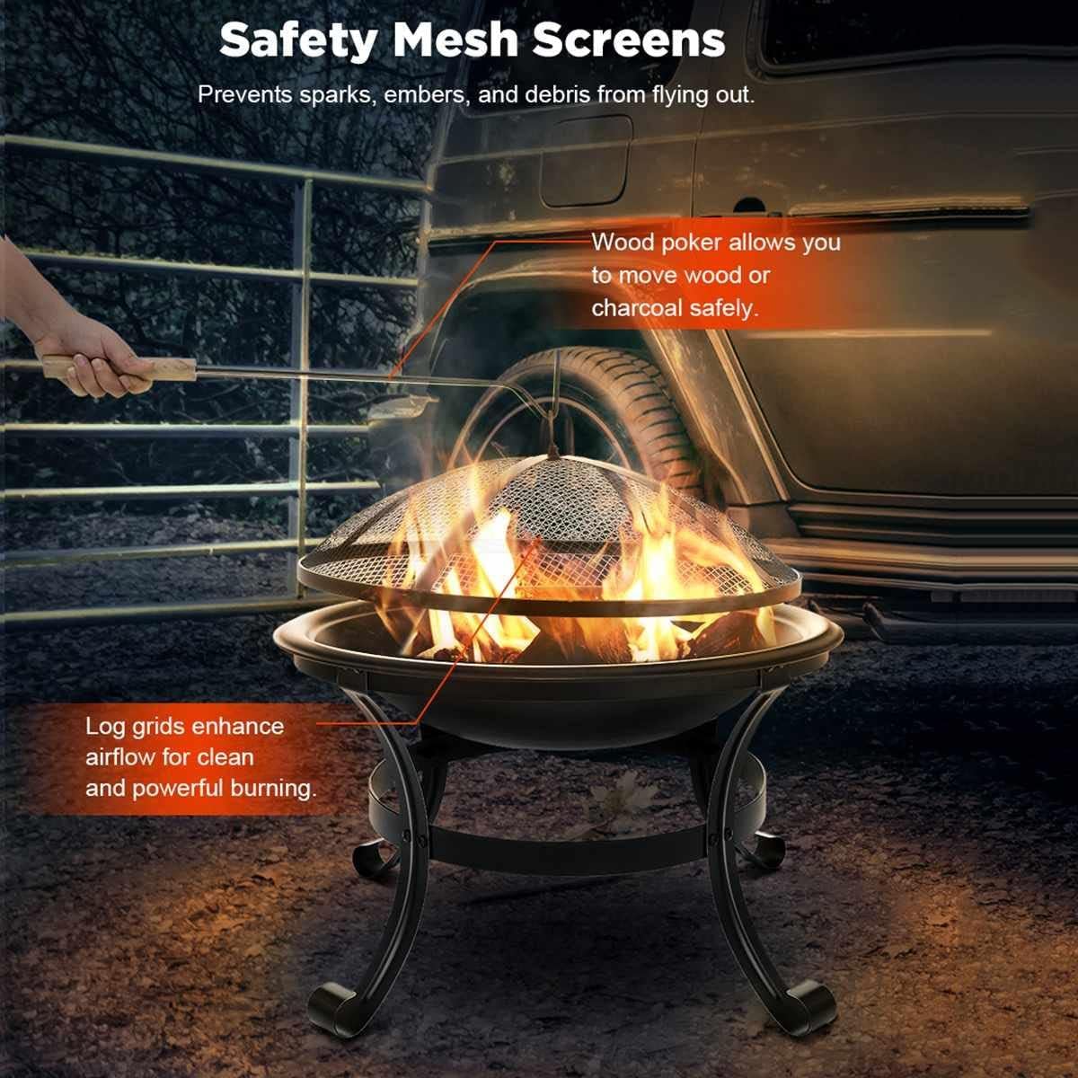 Outdoor Party Fire Pit Wood Burning Steel Grill Firepit Bowl with Mesh Outdoor Party Fire Pit Fireplace