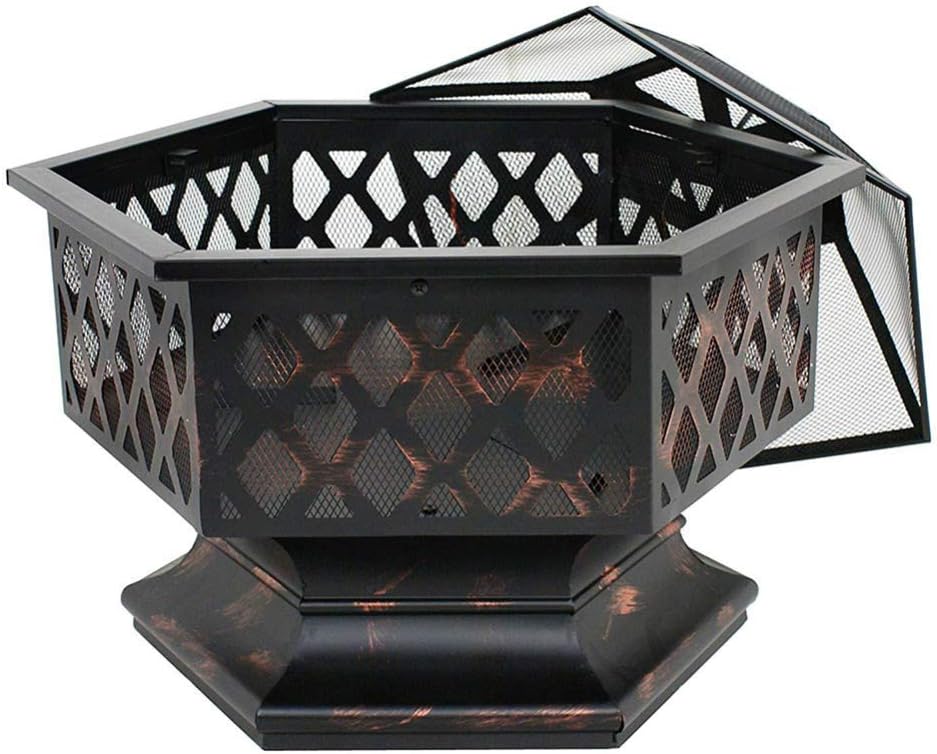 Portable Metal Fire Pit Hexagon Design Fireplace Stove,with Mesh Screen Cover Fireplace Stove Wood Burning,for Picnic Bonfire Patio