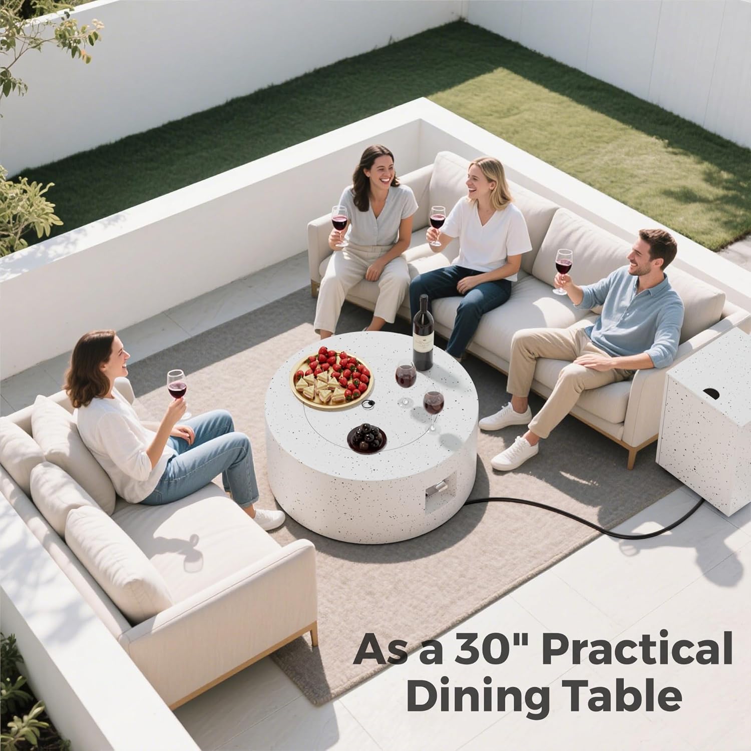 30' Outdoor Fire Pit Table with 50,000 BTU Output, Premium Gas Fire Pit Tables for Outside Patio, Round Propane Fire Pit with Glass Stones, Waterproof Cover (White, 30 inch)