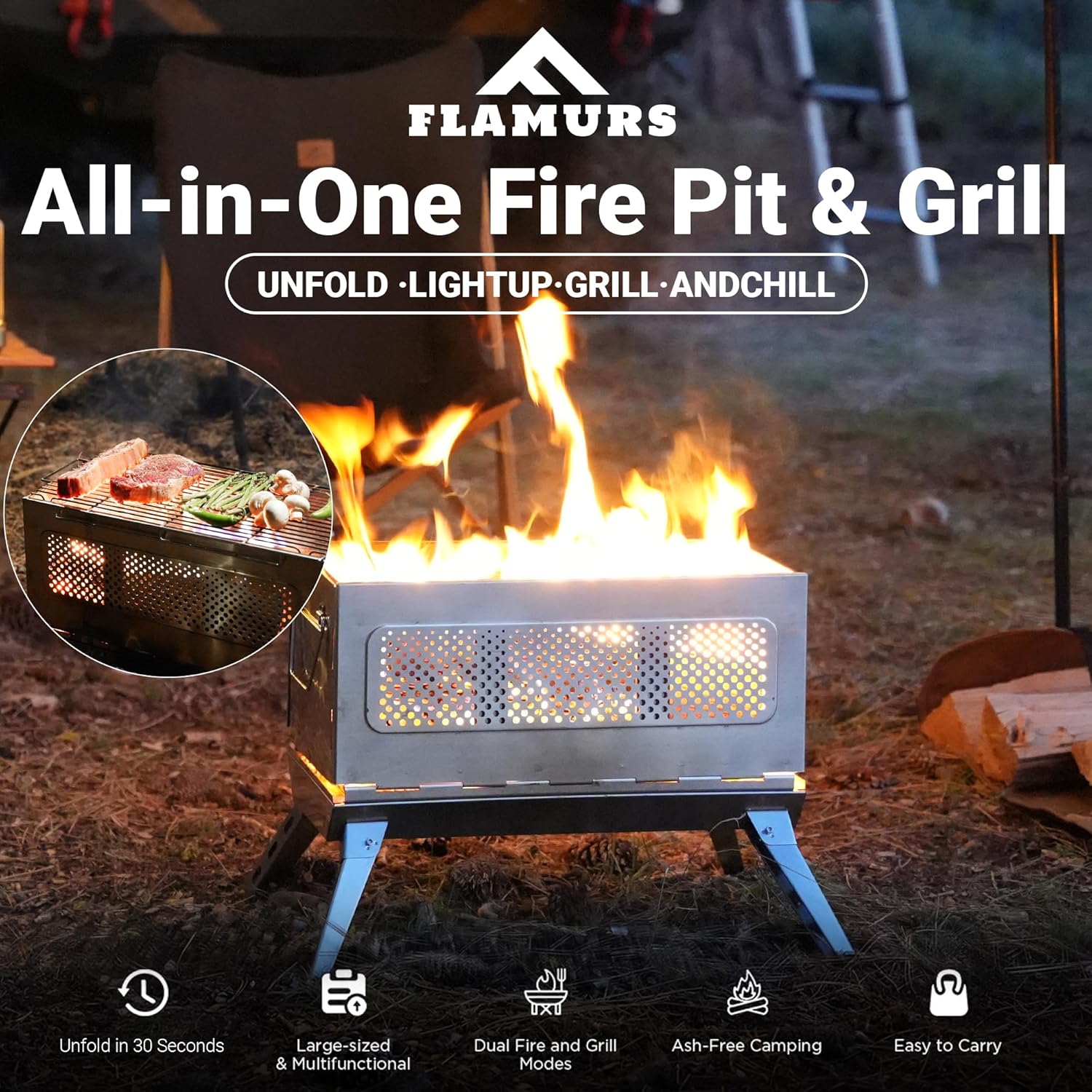 20-Inch Smokeless Fire Pits for Outdoor - Portable & Easy to Assemble - Stainless Steel FirePit with Grill, Removable Ash Pan & Carry Bag. Ideal for Camping Backyard, Patio Garden Picnic BBQ