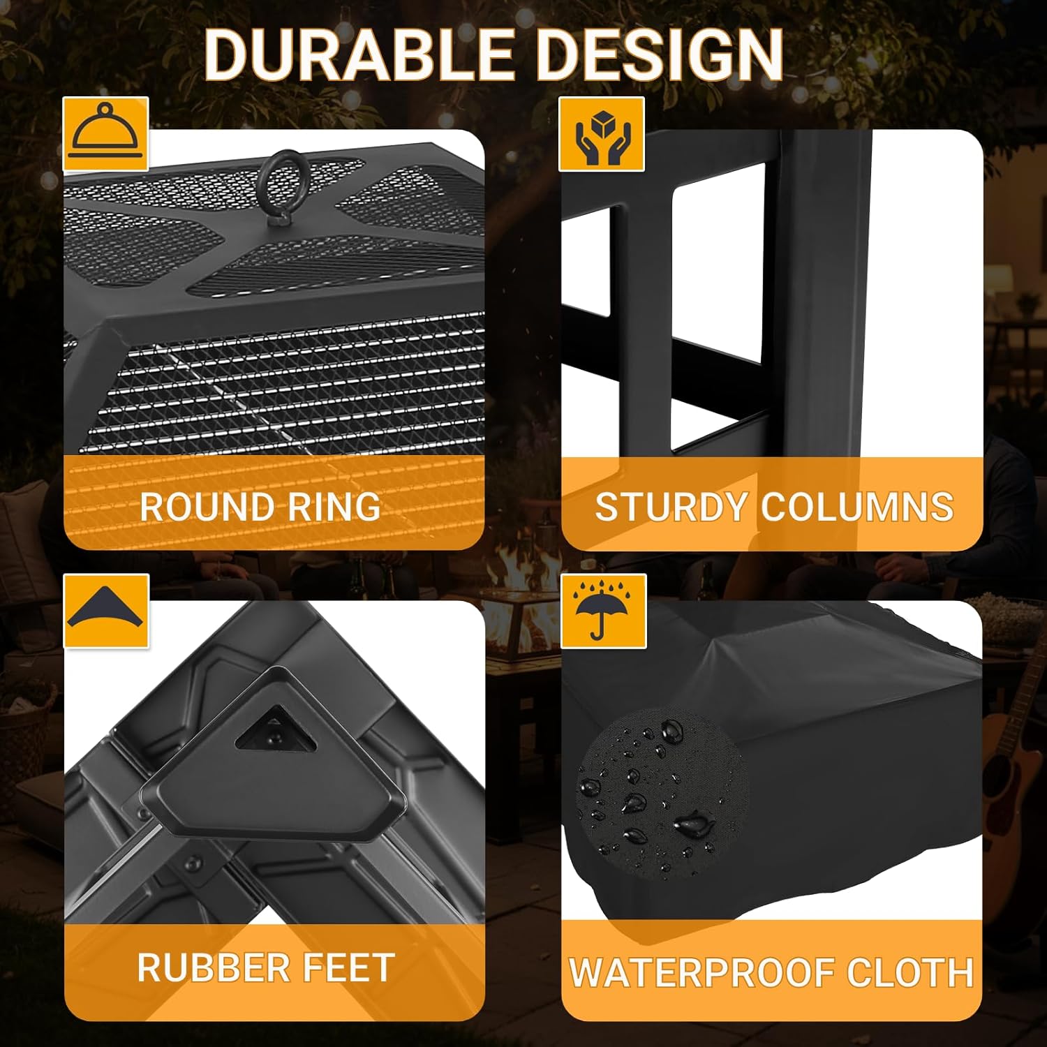 MAMIZO 32 inch Outdoor Fire Pit, Wood Outside Burning Square Metal Firepits Stove Table w/Accessories, Spark Screen, Waterproof Cover, Poker Included for Backyard BBQ Patio Camping Bonfire Heating