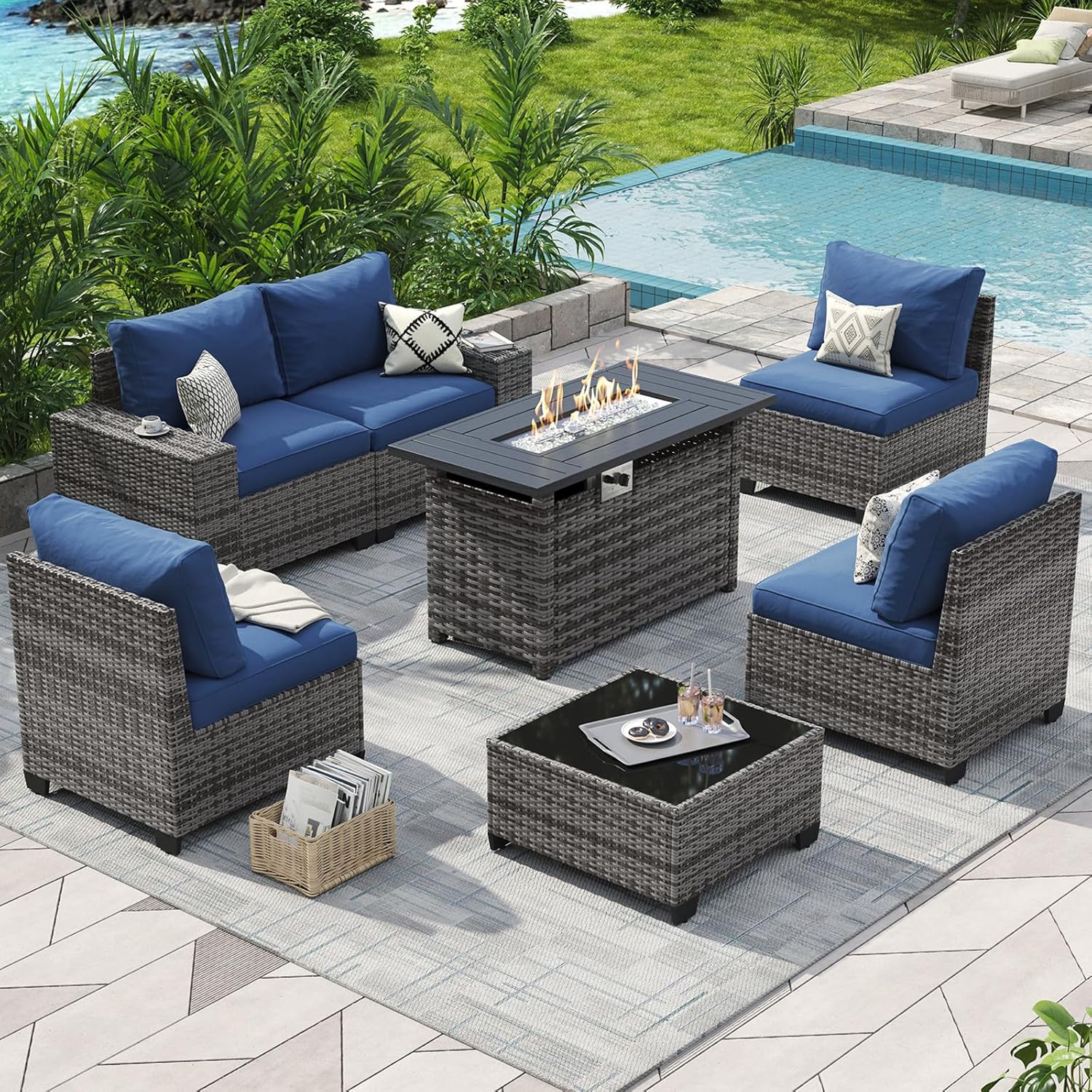 Aoxun Outdoor Patio Furniture Set with 44'' Fire Pit Table, 7 Pcs Outdoor Patio Furniture Sets with 4in Thicken Cushion, Widen Armrests Wicker Outdoor Sectional for Backyard (Waterproof Cover Include)