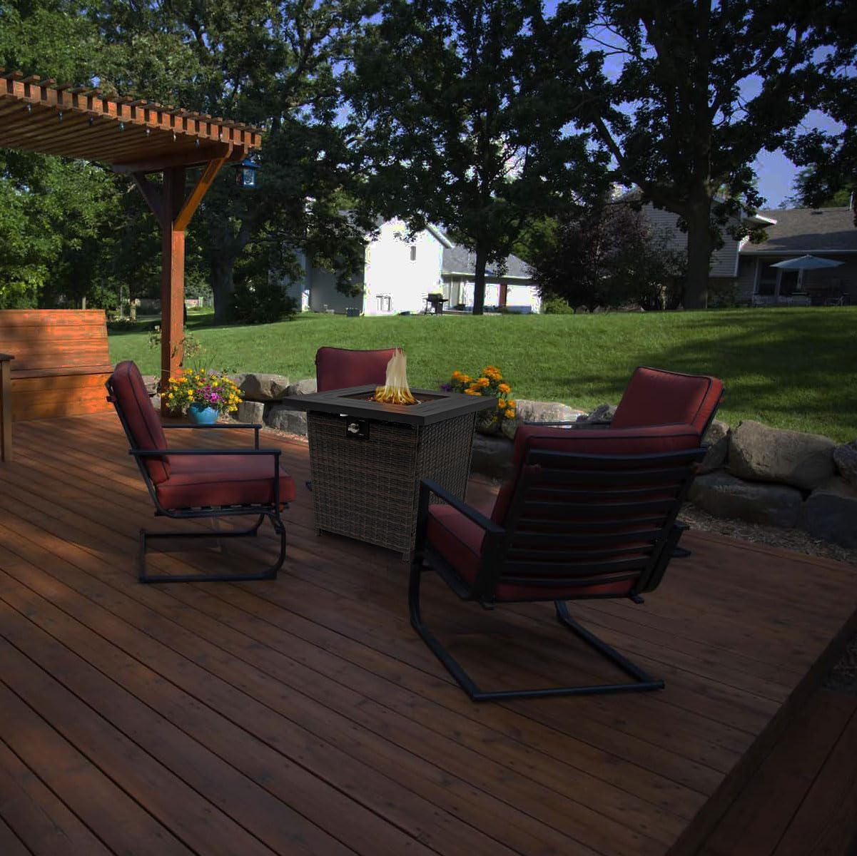 28'' Propane Fire Pit Table, 50,000 BTU Fire Table with Brown Wicker, Laval Rocks, Inclined Leg Design.