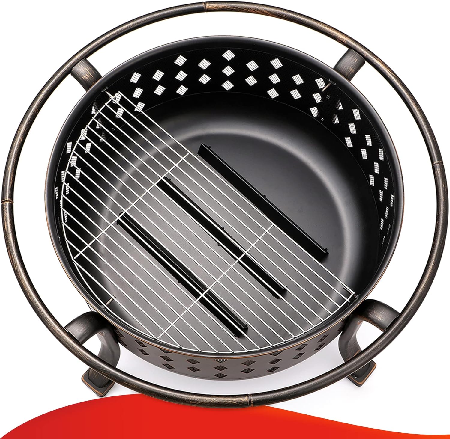 SINGLYFIRE 36 Inch Fire Pits for Outside Large Outdoor Wood Burning Crossweave firepit Heavy Duty Steel Bronze Bonfire Pit for Patio Backyard Garden with BBQ Grate,Spark Screen,Log Grate,Poker