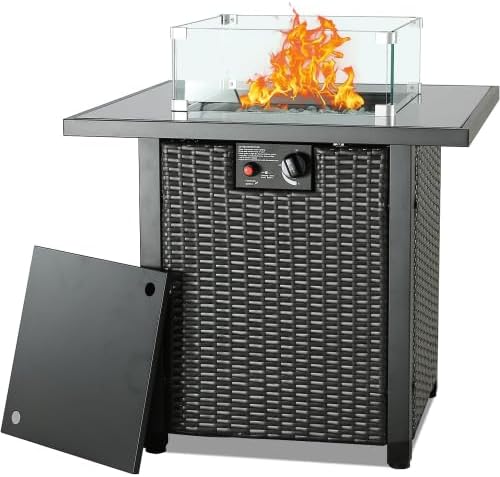 28'' Propane Fire Pit Table, Rattan & Wicker-Look, 50000 BTU Gas Firepits Tempered Glass Tabletop for Outside Patio and Garden,Yard(Brown)