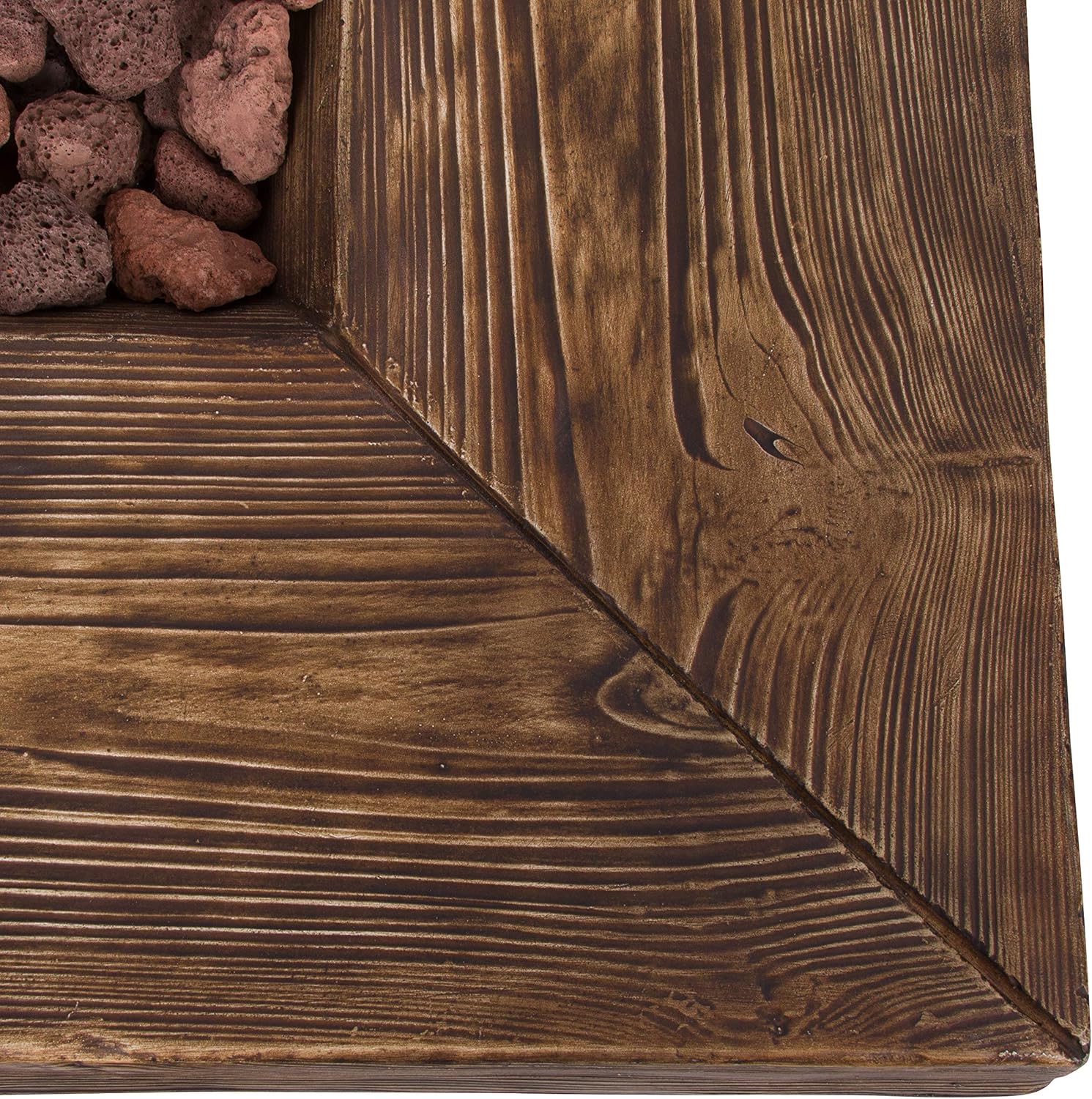 Shine Company Merida 34.5 in Square 50,000 BTU Outdoor Glass Reinforced Concrete Propane Gas Fire Pit Table w/GFRC Tabletop, Stainless Steel Burner, Lava Rocks, Natural Wood Look -Brown