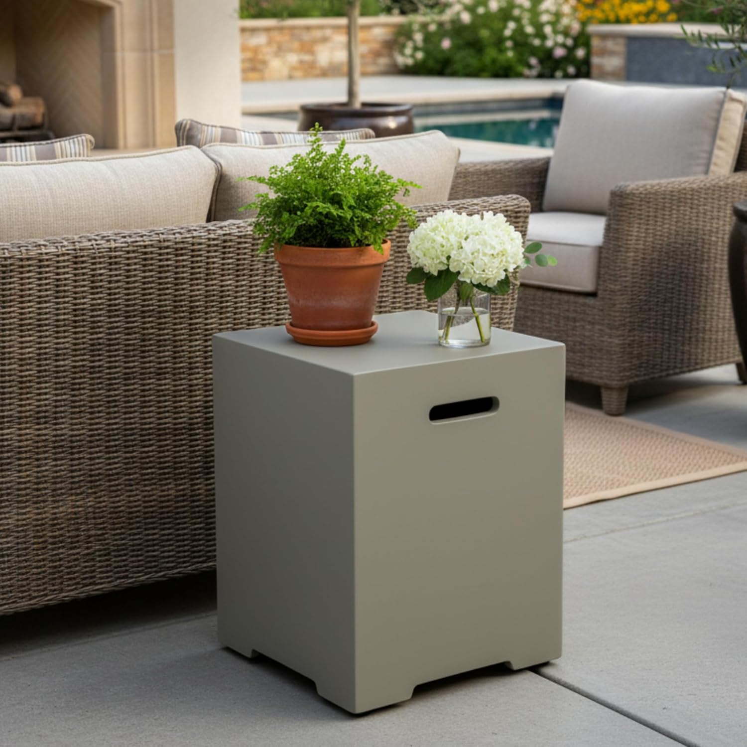 20 LB Propane Tank Cover & Outdoor Side Table.Outdoor Tank Storage Hideaway Table for Gas Fire Pits - Durable MgO Composite, Weatherproof Hideaway for Fire Pits, Grills, Patio Heaters (Aqua Grey)