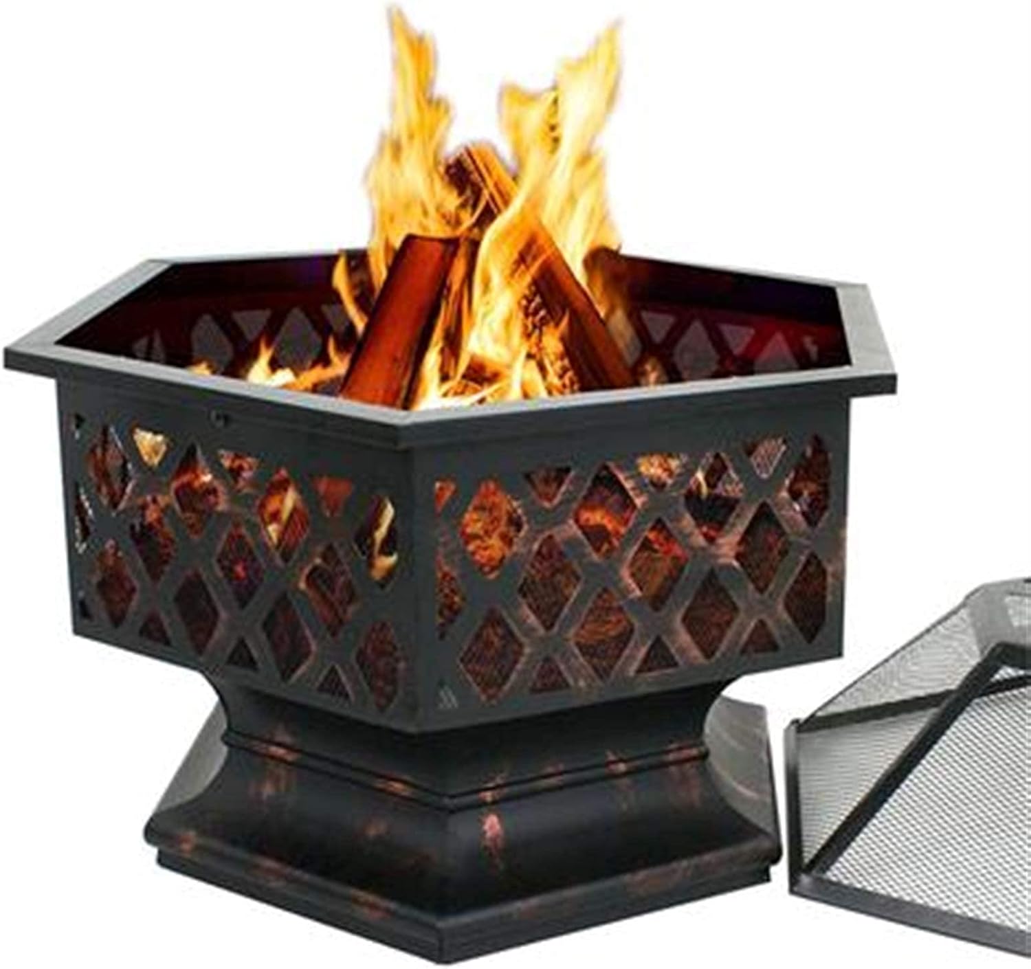 Metal Fire Pits in The Garden,Large Bonfires with Wood Burning,Terraces and Outdoor Fireplaces,There are Spark Screens and Round Fireplace Covers Outside The Fire Pits in The Backyard.