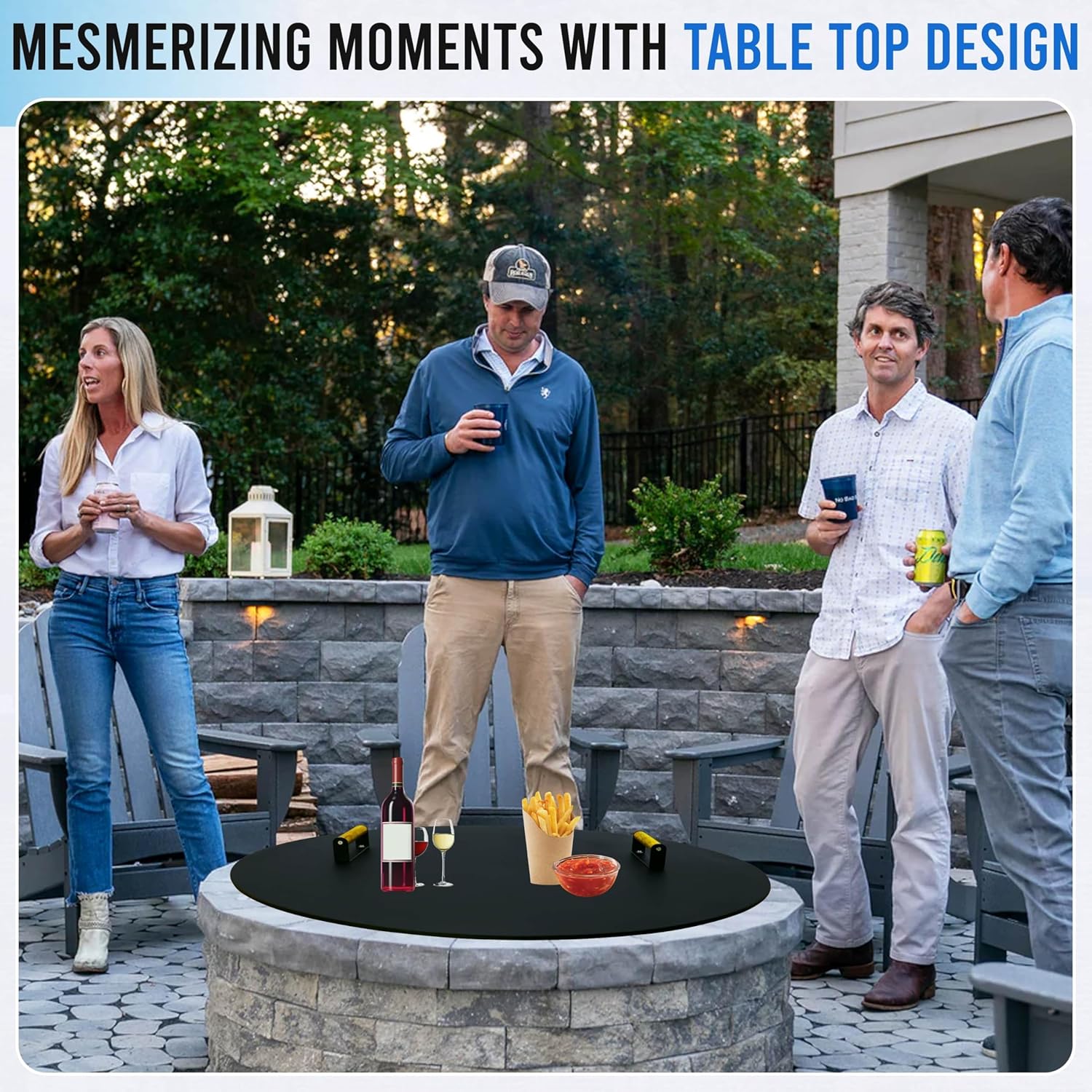 Fire Pit Lid 34 Inch – Round Metal Cover with Wooden Handles, Weather-Resistant Snuffer Lid for Outdoor Bonfire & Propane Fire Pits, Doubles as Table Top