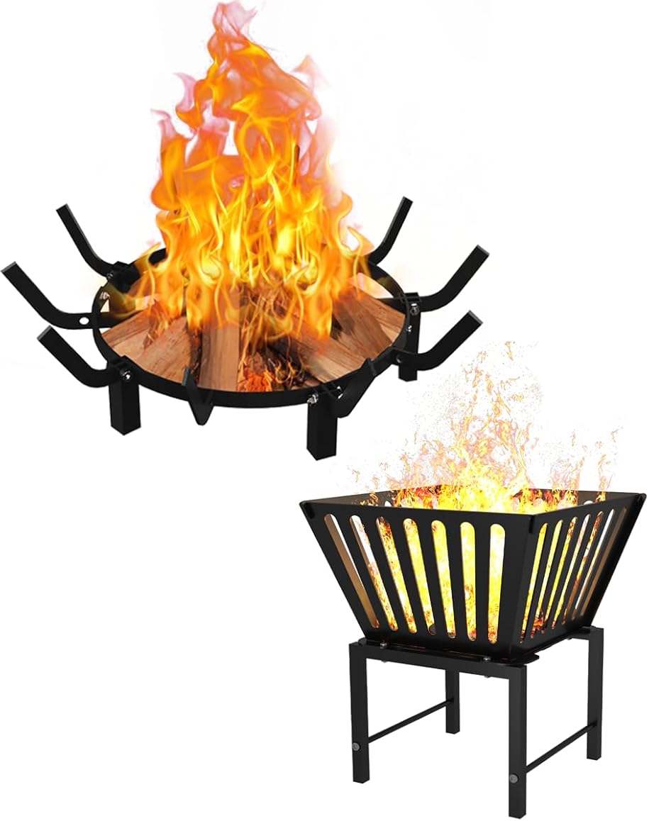 24 Inch Round Fire Pit Grate & 17 Inch Trapezoid Vertical FirePits for Outside Patio, Beach and Campfire, Black