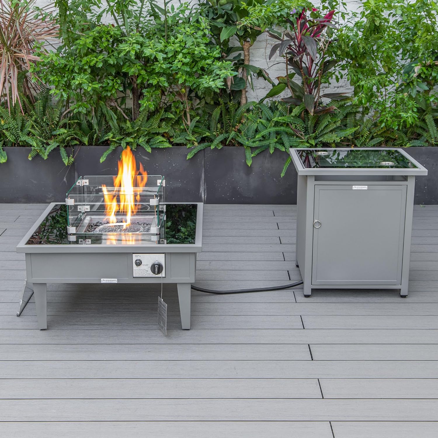 LeisureMod Walbrooke Modern Aluminum 5-Piece Patio Conversation Set with Outdoor Square Fire Pit Side Table Tank Holder, Light Grey