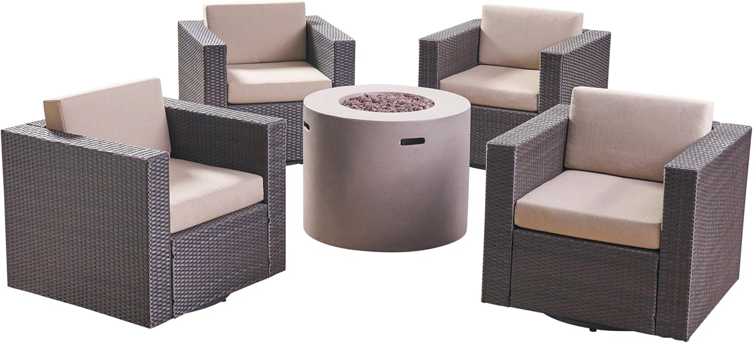 GDFStudio Outdoor 4 Piece Swivel Club Chair Set with Round Fire Pit, Dark Brown and Light Gray