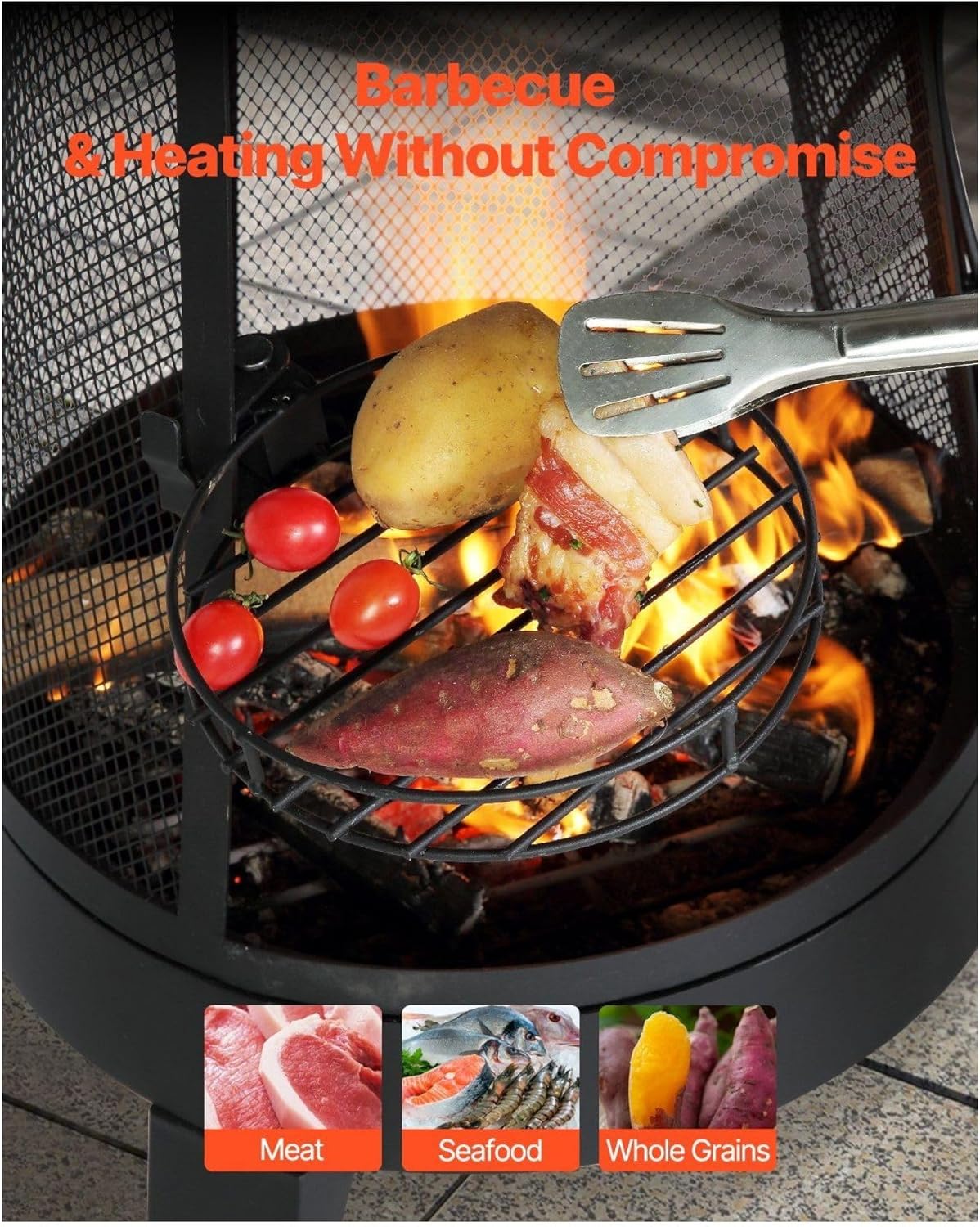 20 Inch Chiminea Wood Burning Firepit, Outdoor Conical Fireplace with Grill, Chimney Lid & Cover